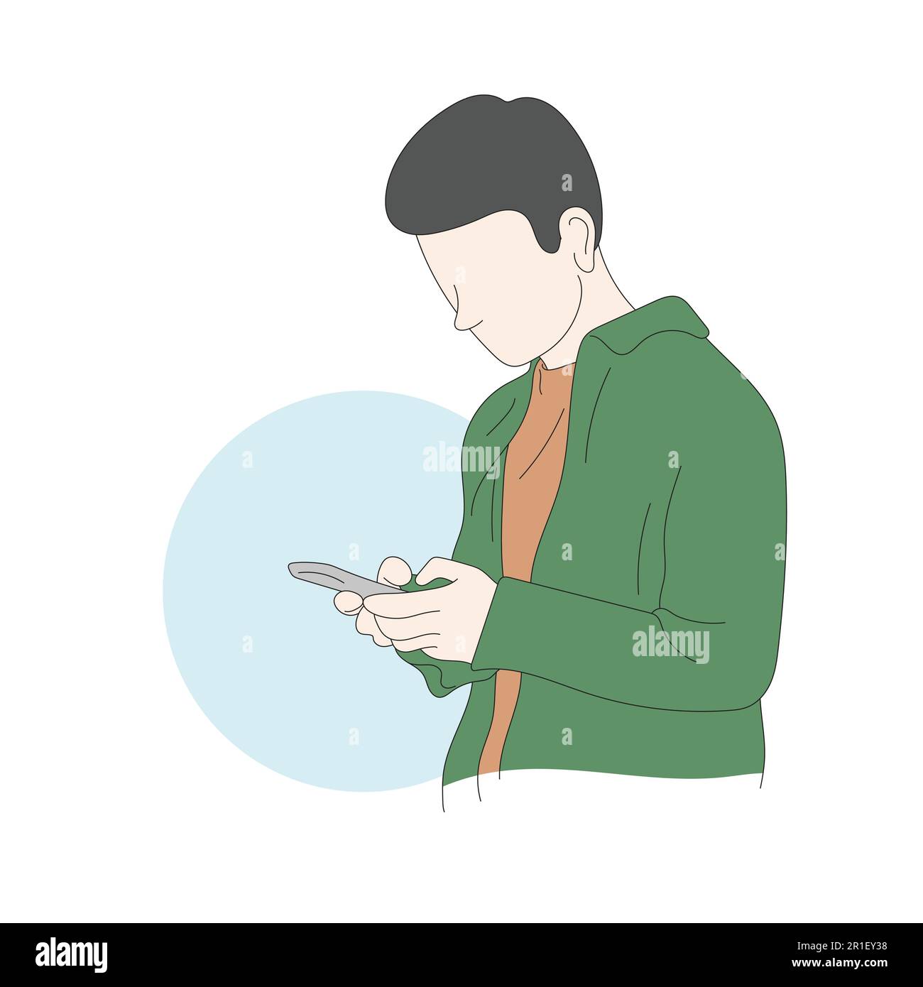 Strichmännchen mit grünem Hemd und Smartphone-Illustrationsvektor, von Hand isoliert auf weißem Hintergrund gezeichnet Stock Vektor