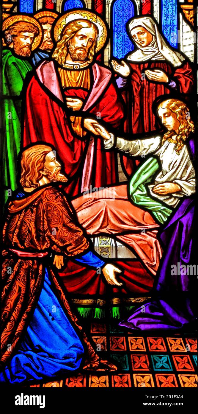 Heilung der Kranken, Leben Jesu Christi, Buntglas, von M & A O'Connor, Snettisham Church, Norfolk, England, Großbritannien Stockfoto