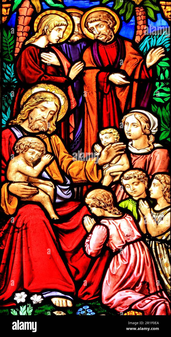 Leide die kleinen Kinder, das Leben Jesu Christi, Buntglasfenster, Snettisham Kirche, Norfolk, England, UK Stockfoto
