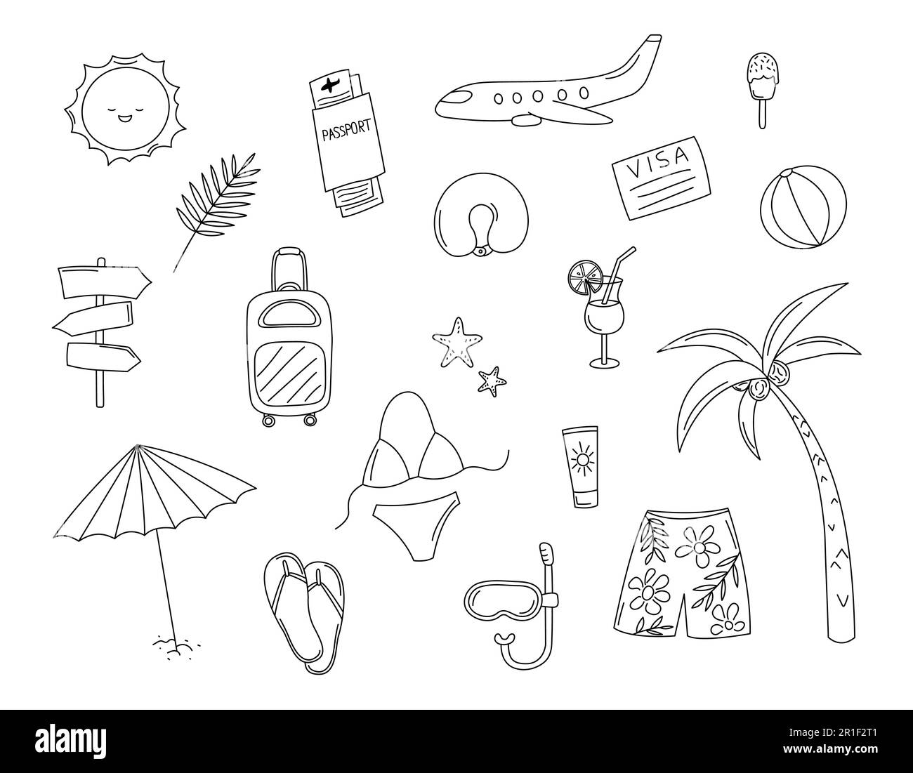 Urlaub-Doodles-Set. Von Hand gezeichnete Reiselemente schwarz-weiß isoliert. Vektordarstellung mit niedlichen, kritzelnden Objekten für Sommerferien. Stock Vektor