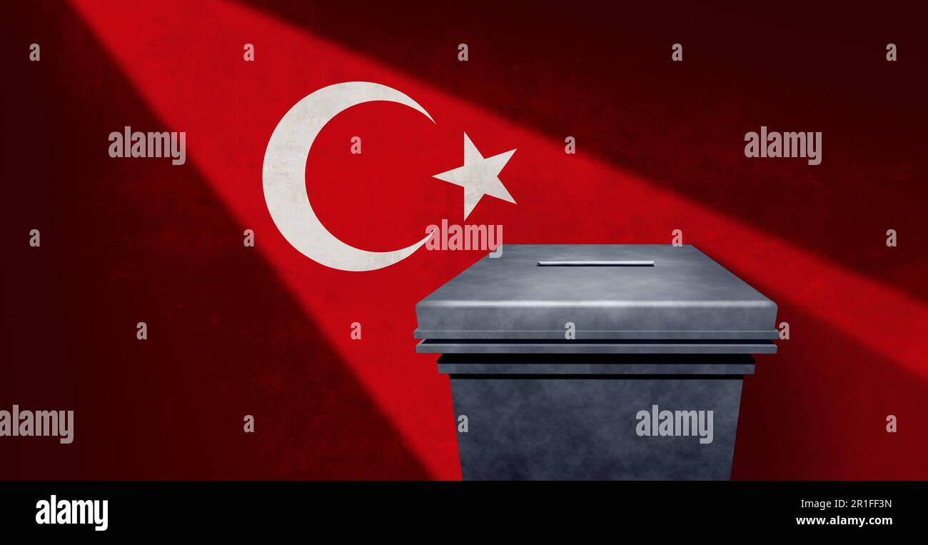 Wahlen in der Türkei und türkische Wähler oder Präsidentschaftswahlen in der Republik Türkiye oder nationale Wahlen mit 3D Illustrationselementen. Stockfoto