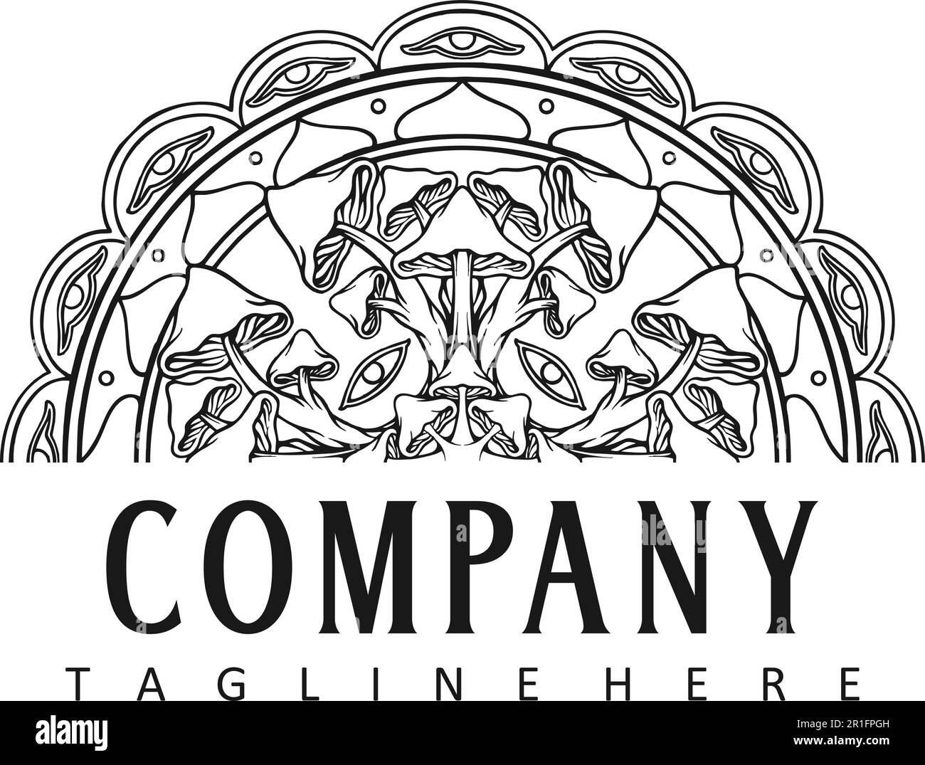 Psychedelic Magic Pilze Half Mandala heilige Geometrie Zierartikel Illustrationen monochrome Vektorbilder für Ihre Arbeit Logo, Merchandise t-shir Stock Vektor