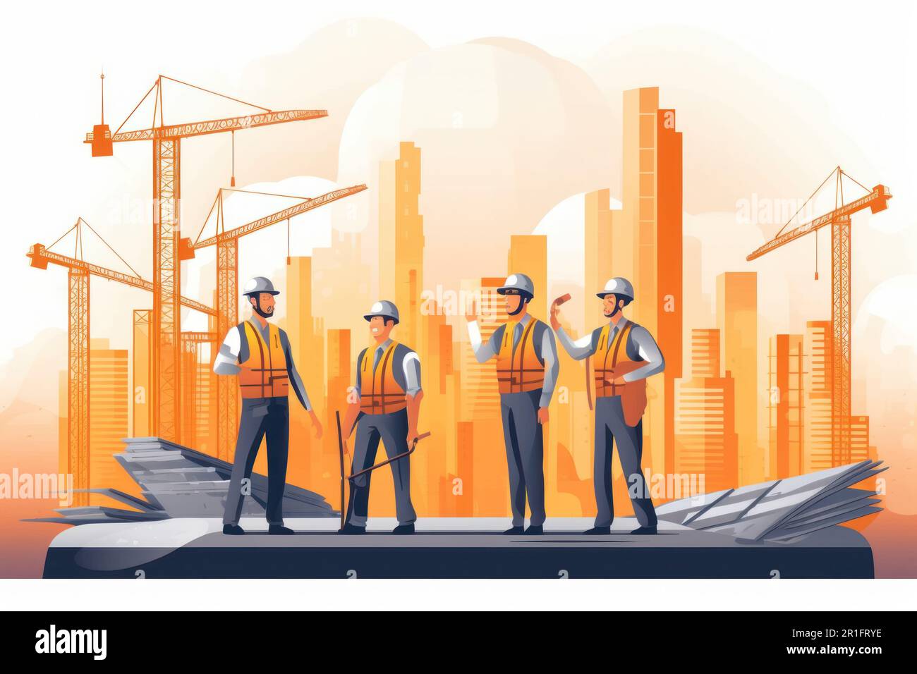 Intelligenter Ingenieurleiter mit sicherheitstechnischer Prüfung des Baustellenaufbaus mit Stahl und Beton. Labour Day-Konzept. Stockfoto