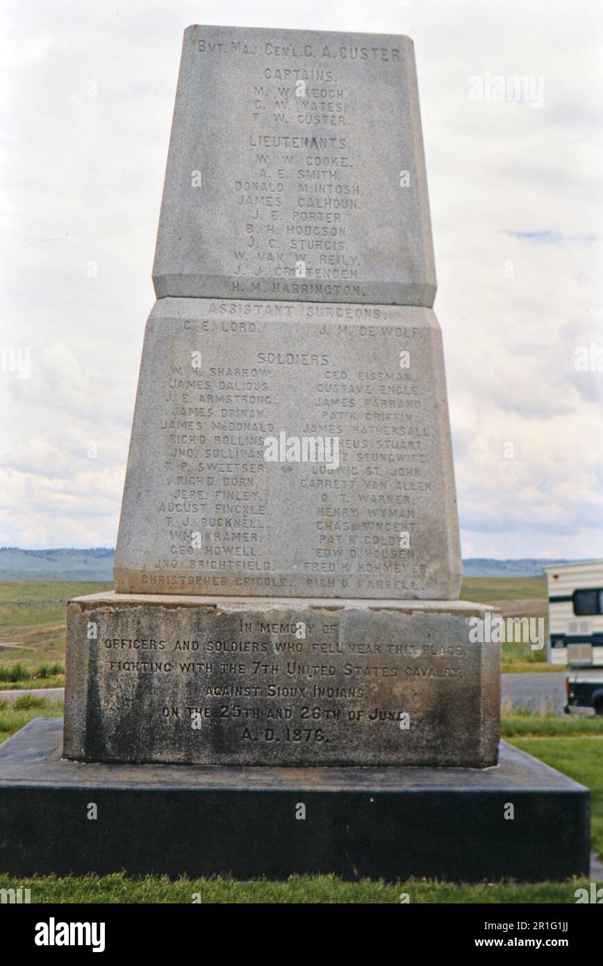 Denkmal für gefallene US-Soldaten auf dem Schlachtfeld am Little Big Horn in Montana Ca. 1987 Stockfoto