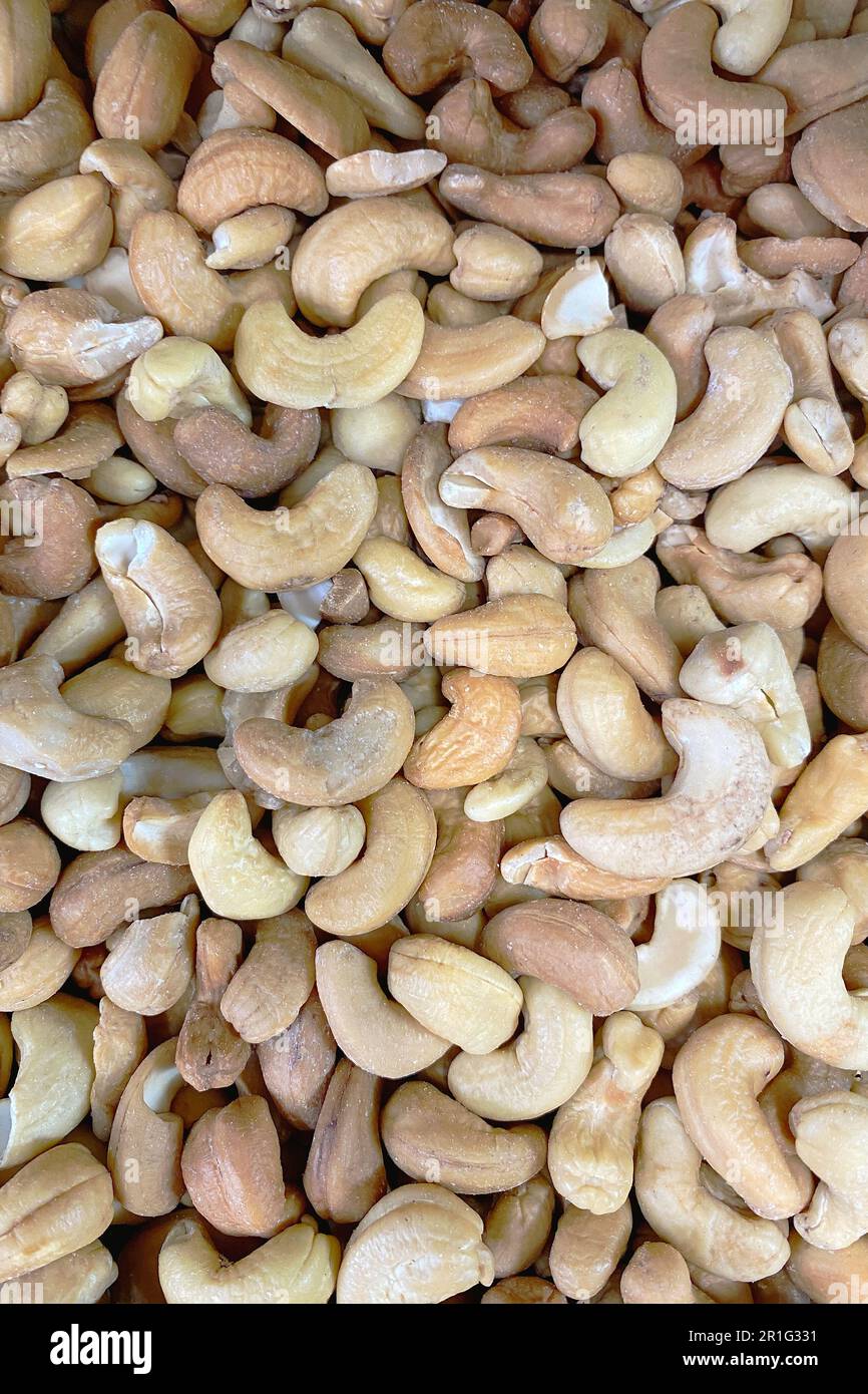 Das natürliche Bild unverarbeiteter Cashewnüsse bietet eine vielseitige Kulisse für Ihre lebensmittelbezogenen Projekte. Perfekt für Verpackungsdesigns, Blogs, Websites. Vertikal Stockfoto