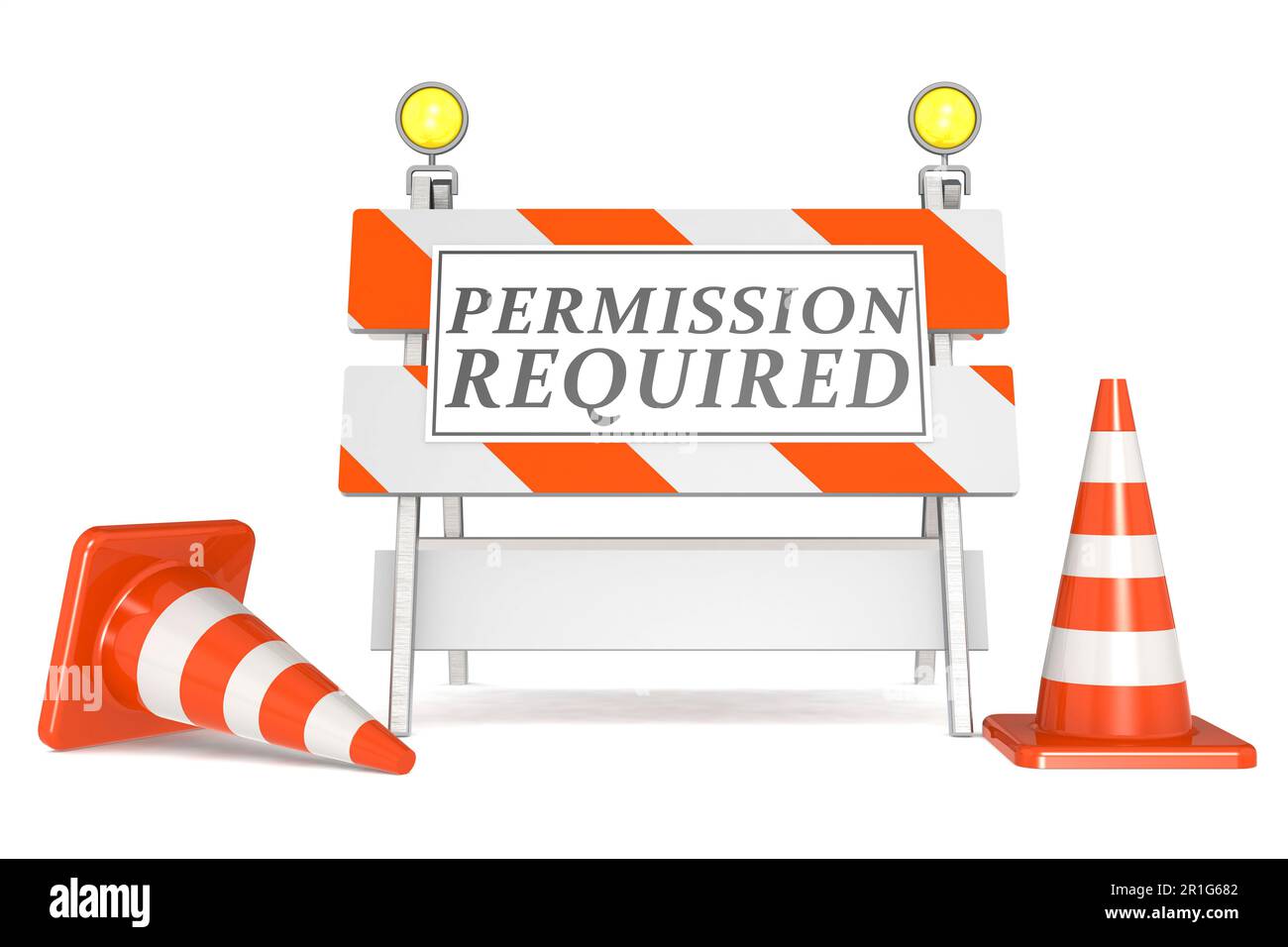 Schild mit erforderlicher Genehmigung an Absperrung und Verkehrskegel, 3D-Rendering Stockfoto