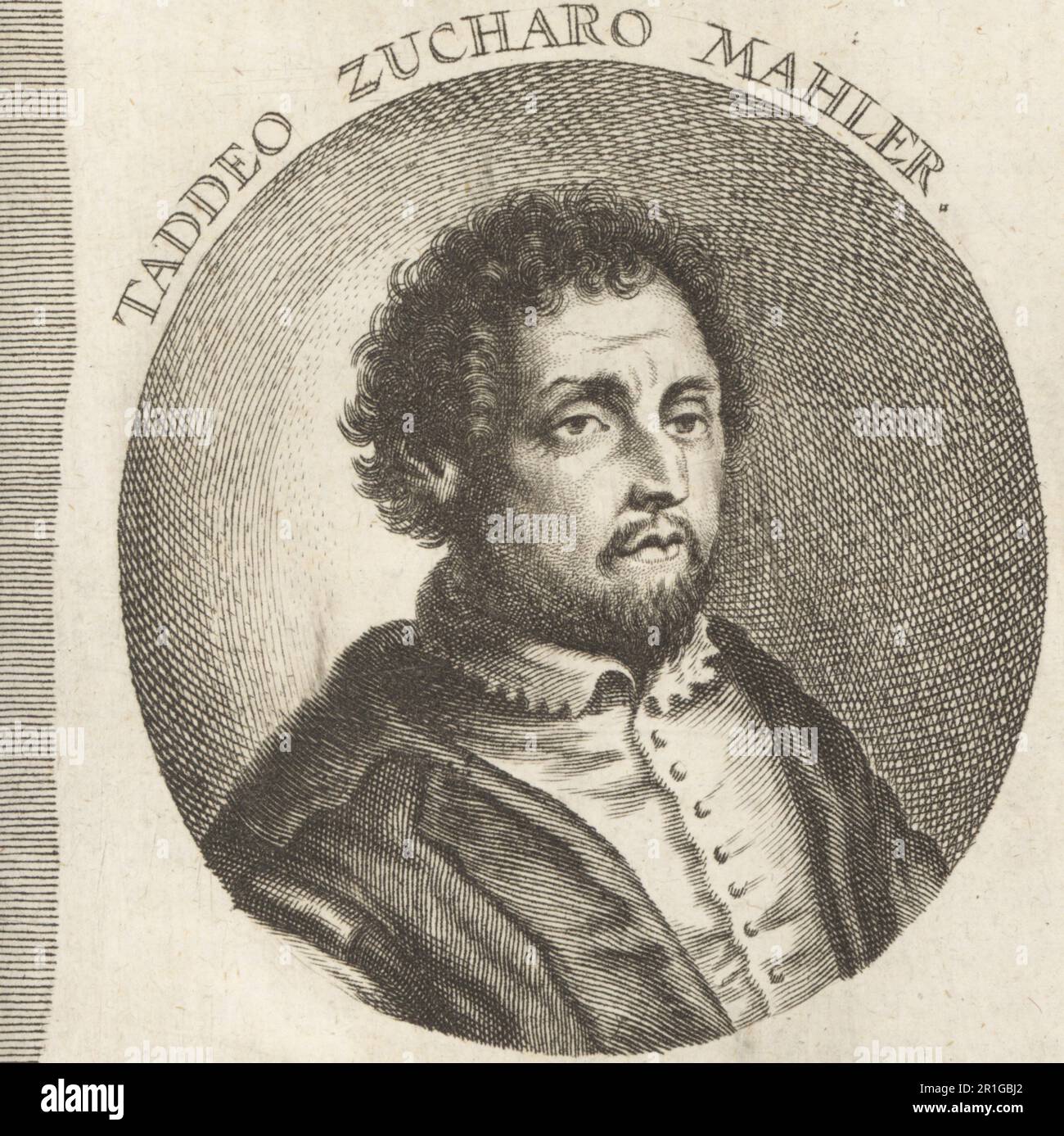 Taddeo Zuccari, italienischer Maler, 1529-1566. Eines der beliebtesten Mitglieder der römischen Manneristischen Schule. Taddeo Zucharo Mahler. Copperplate-Gravur durch Copperplate-Gravur, Illustration, Joachim von Sandrart, L’Academia Todesca, della Architectura, Scultura & Pittura, oder Teutsche Academie, der Edlen Bau- Bild- und Mahlerey-Kunste, Deutsche Akademie für Architektur, Skulptur und Gemälde, Jacob von Sandrart, Nürnberg, Maler, Künstler, Porträt, Profil, Mittelalter, Renaissance, Mittelalter, Europa, Jacob von Sandrart nach einer Illustration von Joachim von Sandrart aus seiner L’Academia Todesca, Stockfoto