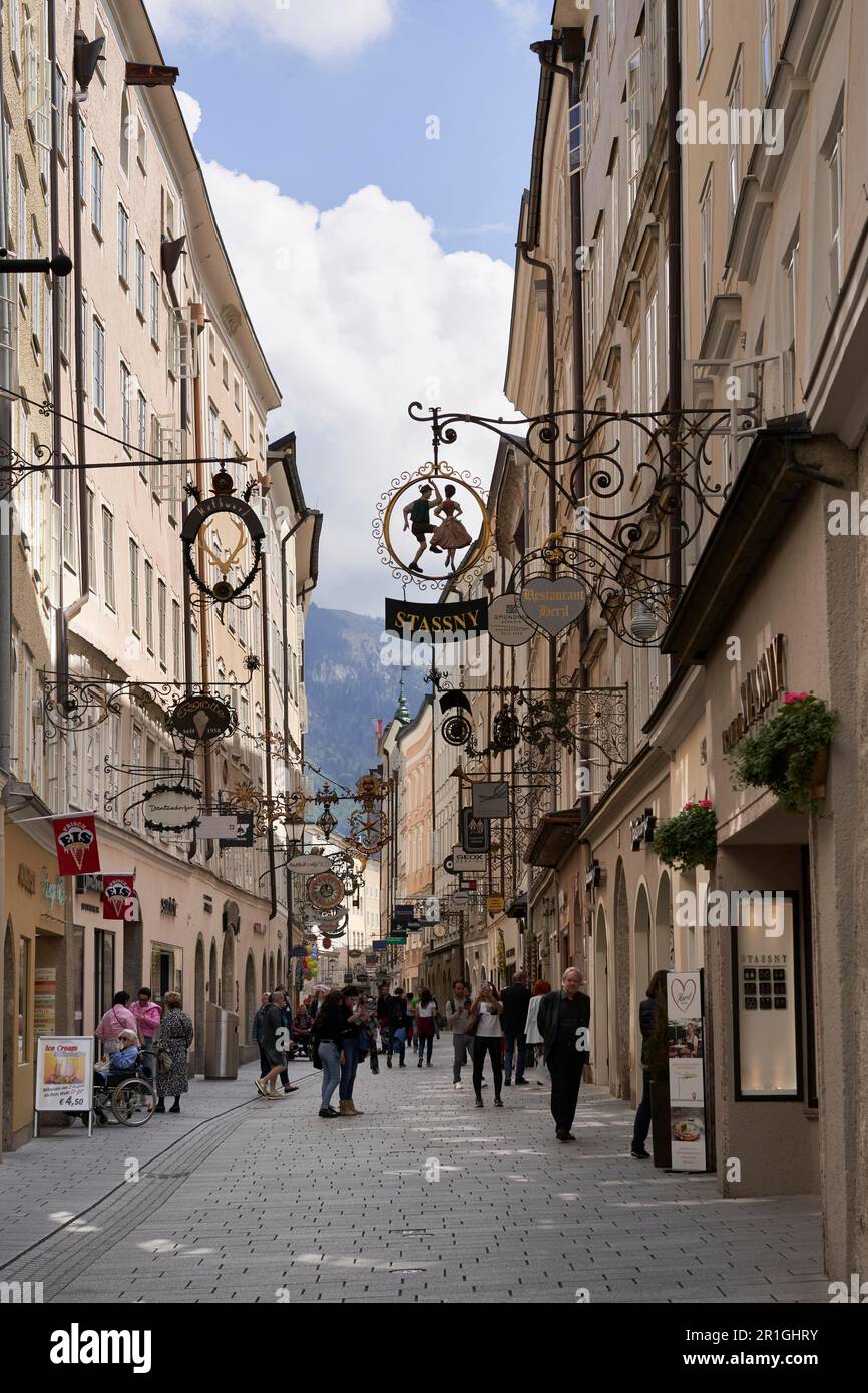 Getreidegasse, Altstadt, Salzburg, Österreich Stockfoto