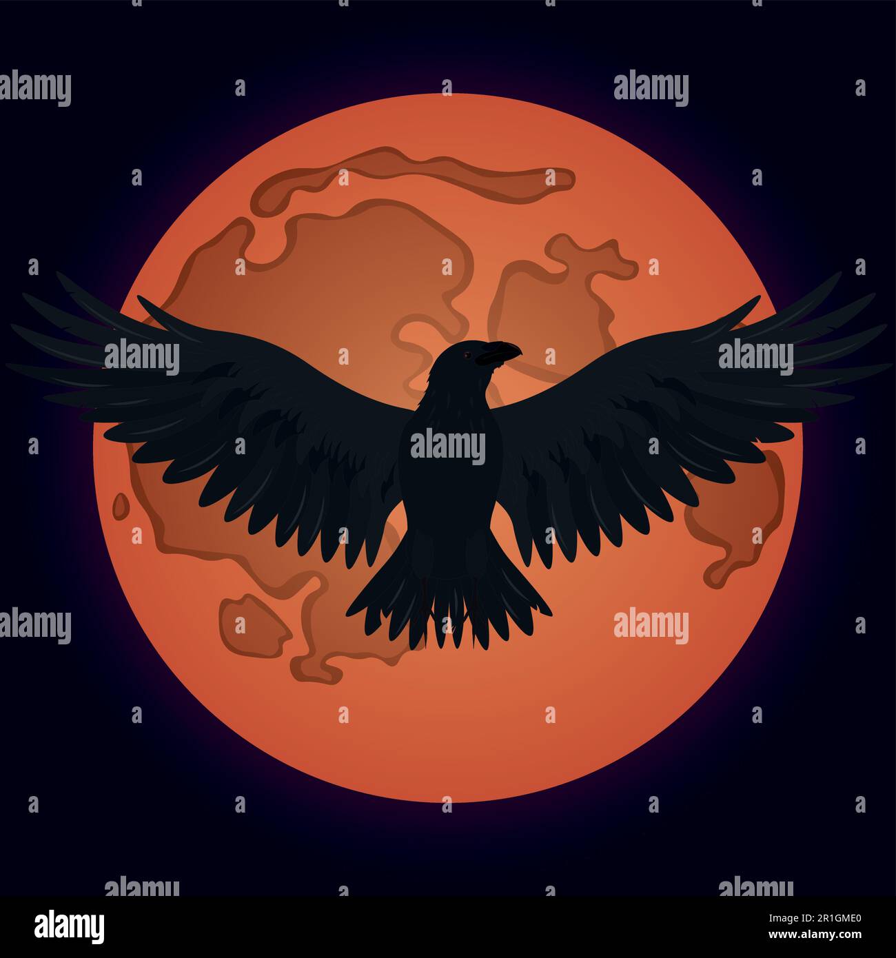 Fliegender schwarzer Rabe im Mondschein der roten Vollmondvektorzeichnung Stock Vektor