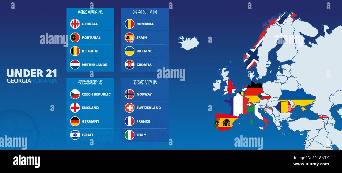 Europakarte mit unter 21 Ländern des europäischen Fußballturniers hervorgehobenen 2023 Teilnehmern. Flag Collection nach Gruppe sortiert. Vektorsatz. Stock Vektor