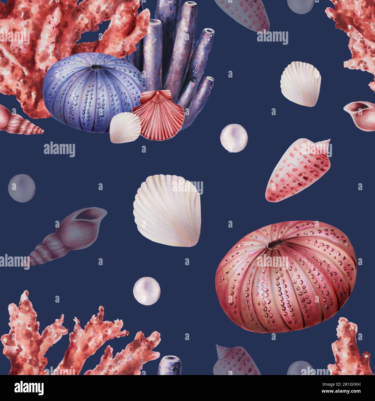 Wasserfarbenes nahtloses Muster mit Korallen, Seeigel, Muscheln und Perlen. Sie malen mit der Hand unter Wasser lebendige Objekte auf einem weißen, isolierten Hintergrund. Für Stockfoto