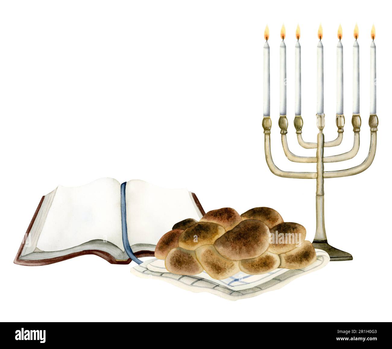 Shabbat Shalom Grußvorlage Aquarell Illustration für jüdischen Samstagabend mit Challah, Menorah öffnete Torah Buch Stockfoto