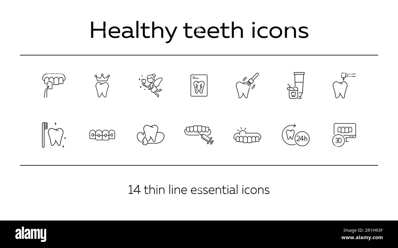 Symbole für gesunde Zähne. Gruppe von Liniensymbolen Stock Vektor
