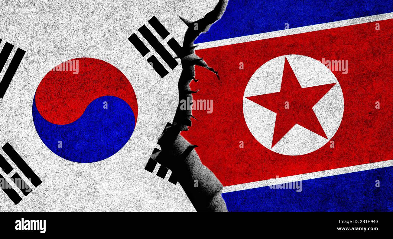 Nordkoreanische und südkoreanische Flaggen mit Rissen an der Wand. Südkorea- und Nordkorea-Konflikt Stockfoto