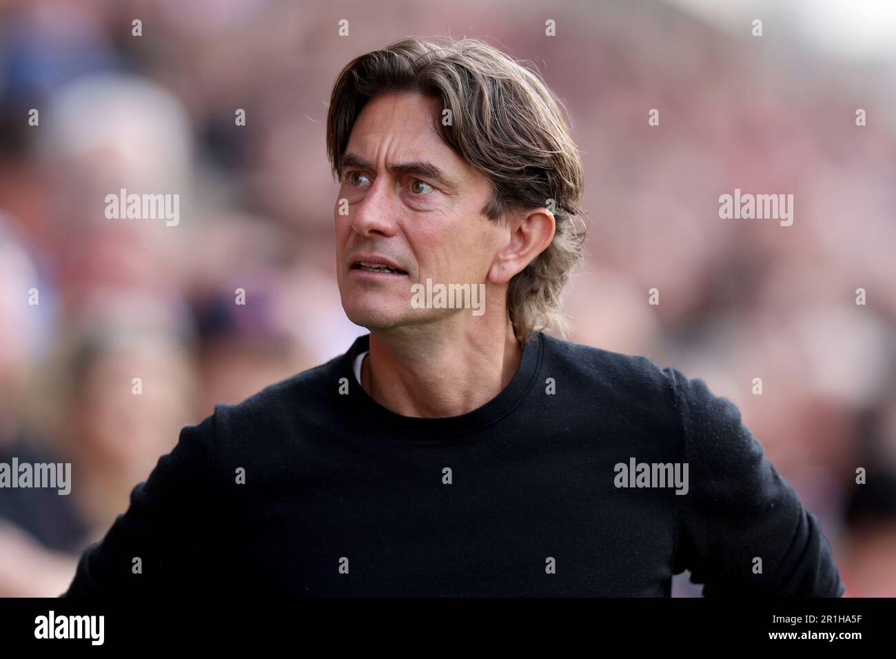 Brentford Manager Thomas Frank blickt auf das Premier League-Spiel im GTECH Community Stadium in London. Foto: Sonntag, 14. Mai 2023. Stockfoto