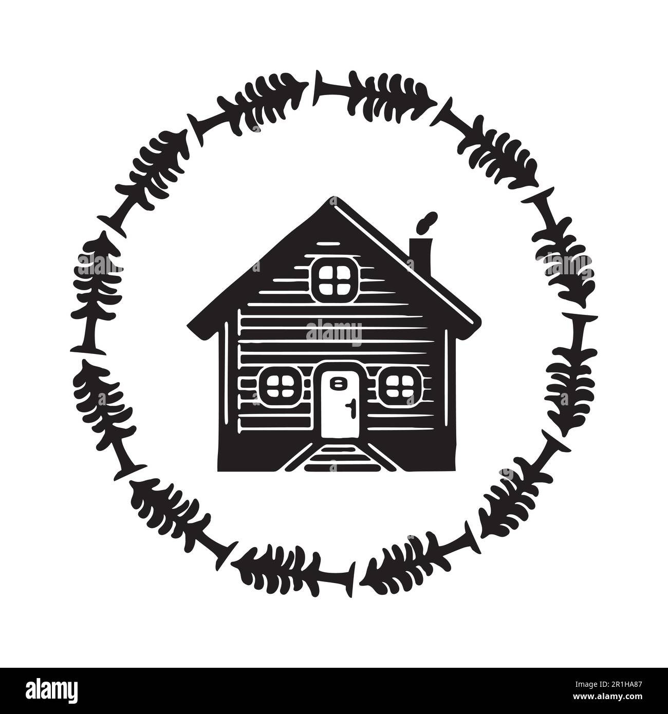 Holzkabine in scandi Linocut-Vektordarstellung. Alpenhütte im Landurlaub Dorf Cartoon. Stock Vektor