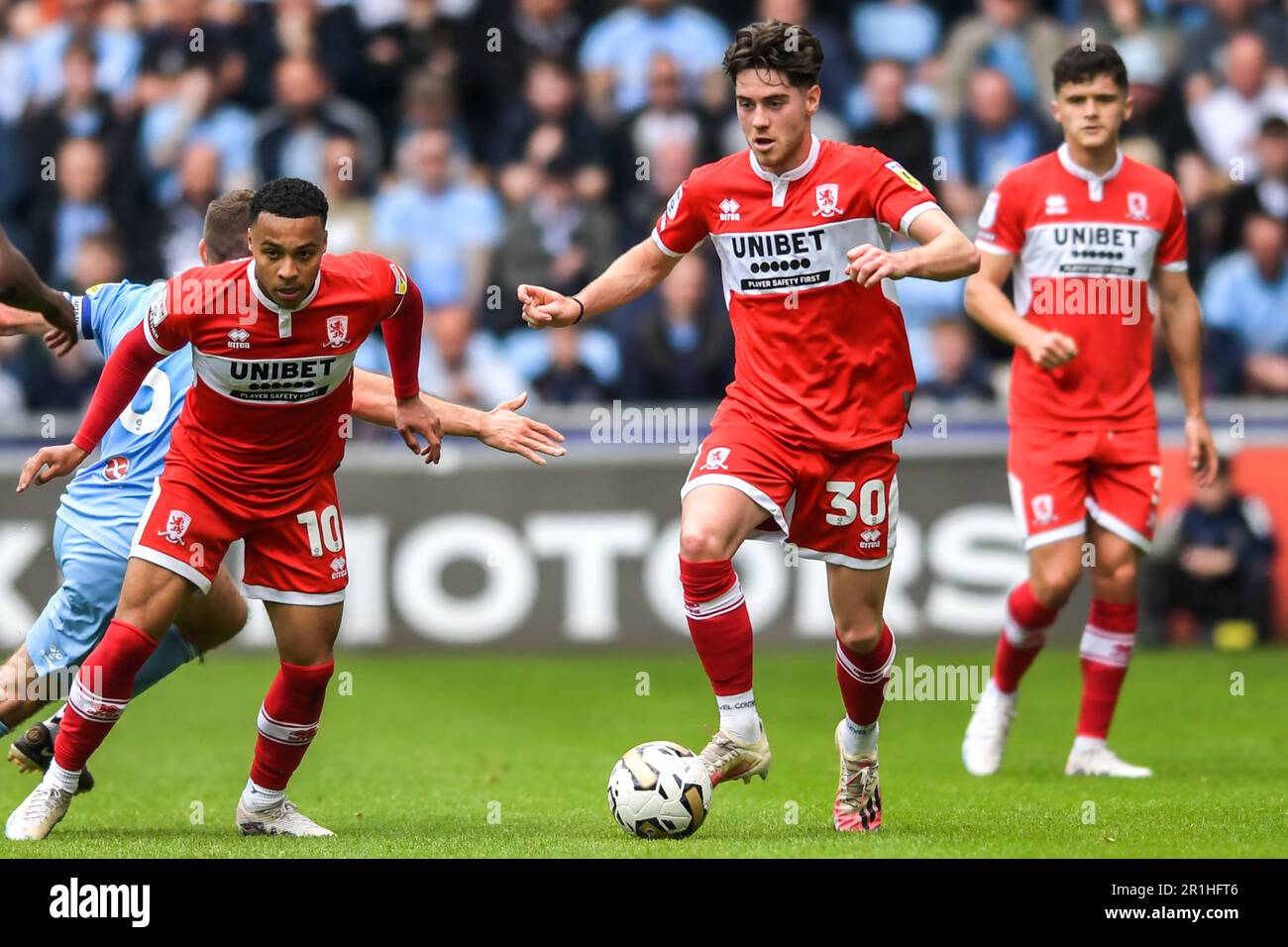 Coventry, Großbritannien. 14. Mai 2023Coventry, Großbritannien. 14. Mai 2023 Hayden Hackney (30 Middlesbrough) tritt während der Sky Bet Championship Play Off Semi Final 1. Leg zwischen Coventry City und Middlesbrough in der Coventry Building Society Arena, Coventry, am Sonntag, den 14. Mai 2023, an. (Foto: Kevin Hodgson | MI News) Guthaben: MI News & Sport /Alamy Live News Stockfoto