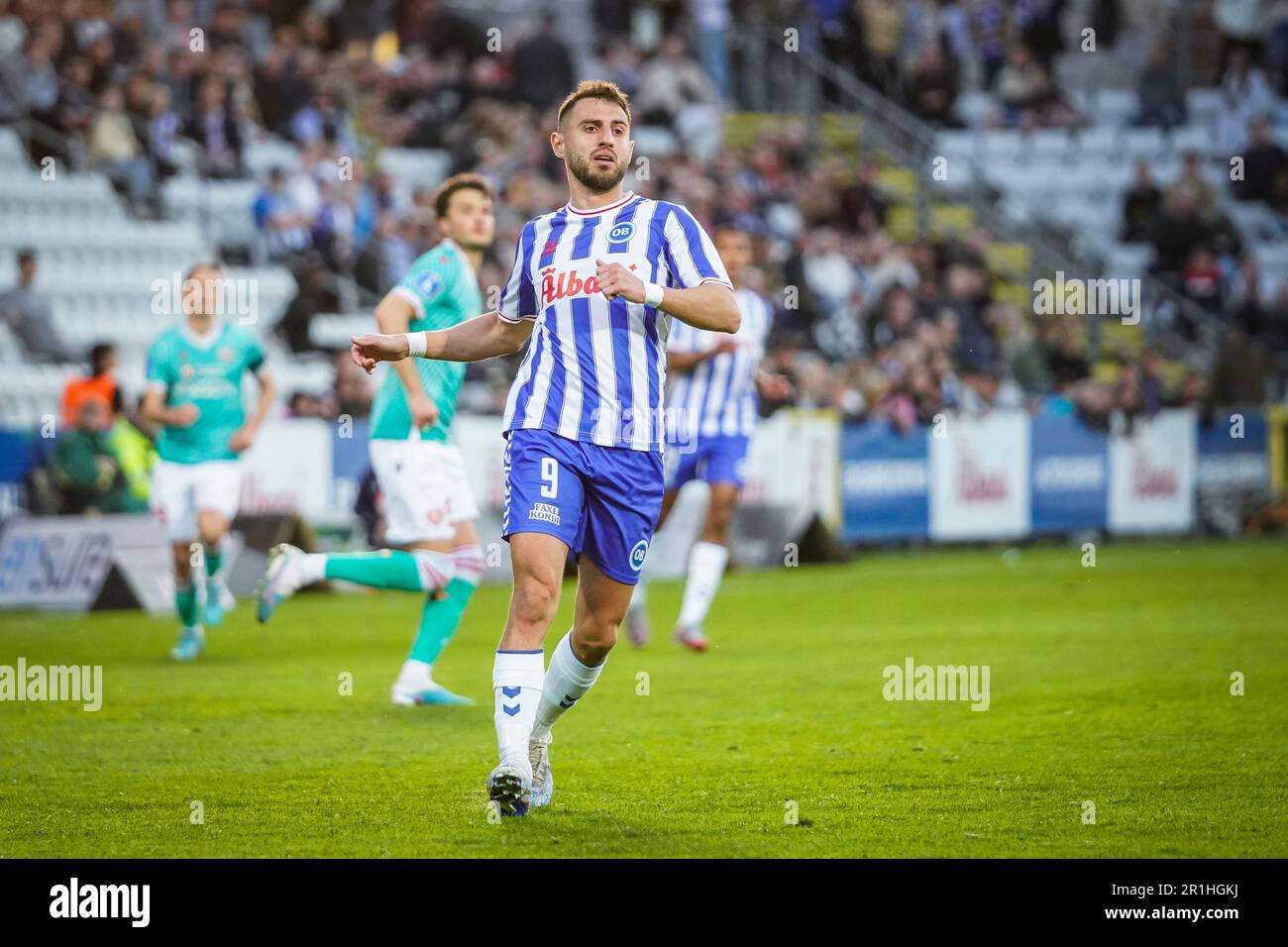 Odense, Dänemark. 12., Mai 2023. Bashkim Kadrii (9) von GEBH, gesehen während des Superliga-Spiels zwischen Odense Boldklub und Aalborg Boldklub im Nature Energy Park in Odense 3F. (Foto: Gonzales Photo - Kent Rasmussen). Stockfoto