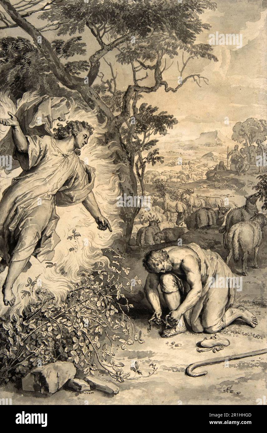 Geschichte des Propheten Moses, Moses und der brennende Busch, von Gerard Hoet, c. 1725, Historische, digital restaurierte Reproduktion eines Originals aus dem 18. Oder 19. Jahrhundert. Stockfoto