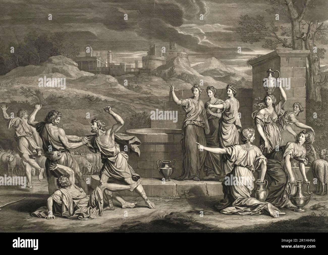 Die Geschichte des Propheten Moses, Moses verteidigt die Töchter von Jetro, c. 1700, Antoine Trouvain, historische, digital restaurierte Reproduktion aus dem 18. Oder 19. Jahrhundert Stockfoto