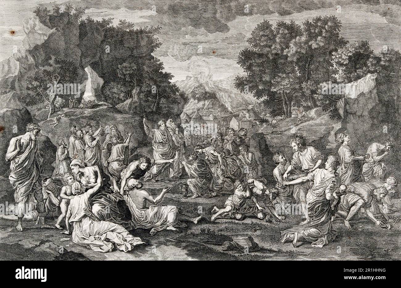 Geschichte des Propheten Moses, Moses' Volk empfängt Manna vom Himmel in der Wüste, 1637, historische, digital restaurierte Reproduktion eines Originals aus dem 18. Oder 19. Jahrhundert. Stockfoto