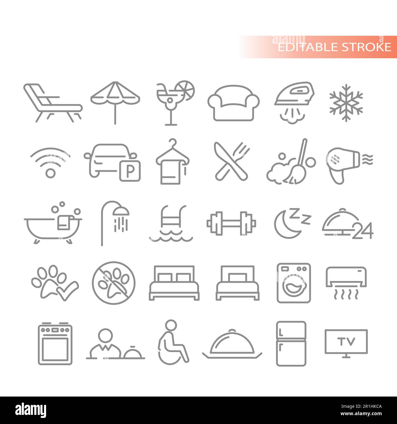 Hotel, Rezeption, Roomservice Line-Vektor-Symbolset. Pool, Fitness und Betten umrissen Symbole. Stock Vektor