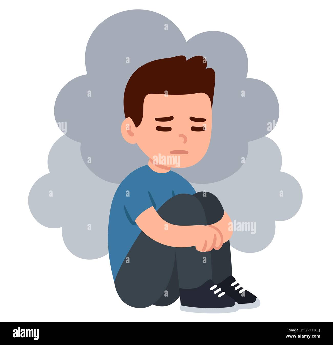 Trauriger, depressiver Teenager, der auf dem Boden saß und die Knie umarmte, mit Wolken um sich herum. Einfache flache Zeichentrickzeichnung. Psychische Gesundheit und Depressionsvektorclip Stock Vektor
