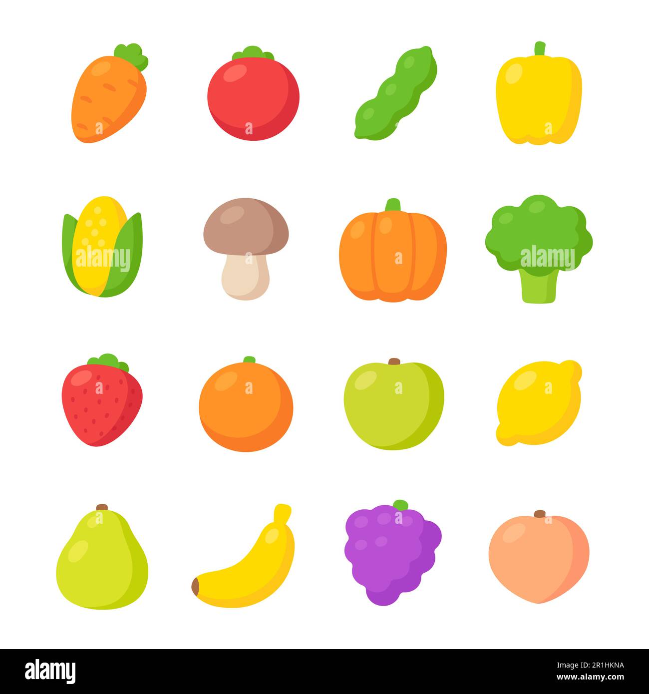 Handgezeichnete Obst- und Gemüsemerkmale in einem Cartoon. Niedliche und schlichte bunte Designs, Vektorbildungs-Set. Flacher, linienloser Stil. Stock Vektor