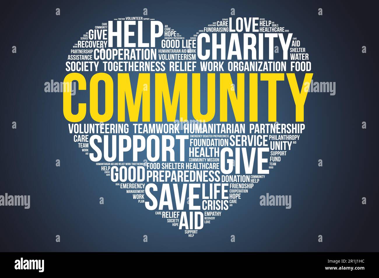 Gemeinschaftsweite Wortwolke in Herzform. Konzept über Zusammengehörigkeit, Freiwilligentätigkeit, karitative Arbeit oder humanitäre Hilfe. Stockfoto
