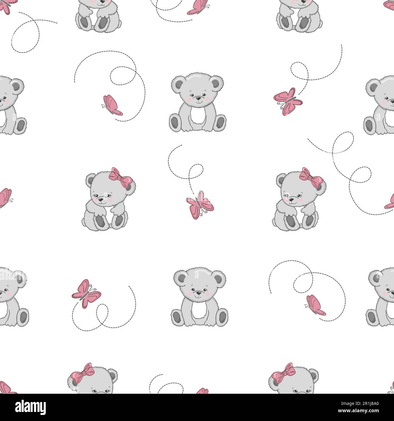 Nahtloses Muster mit süßen Cartoon-Teddybären und Schmetterlingen. Vektorhintergrund für Kinderdesign. Stock Vektor