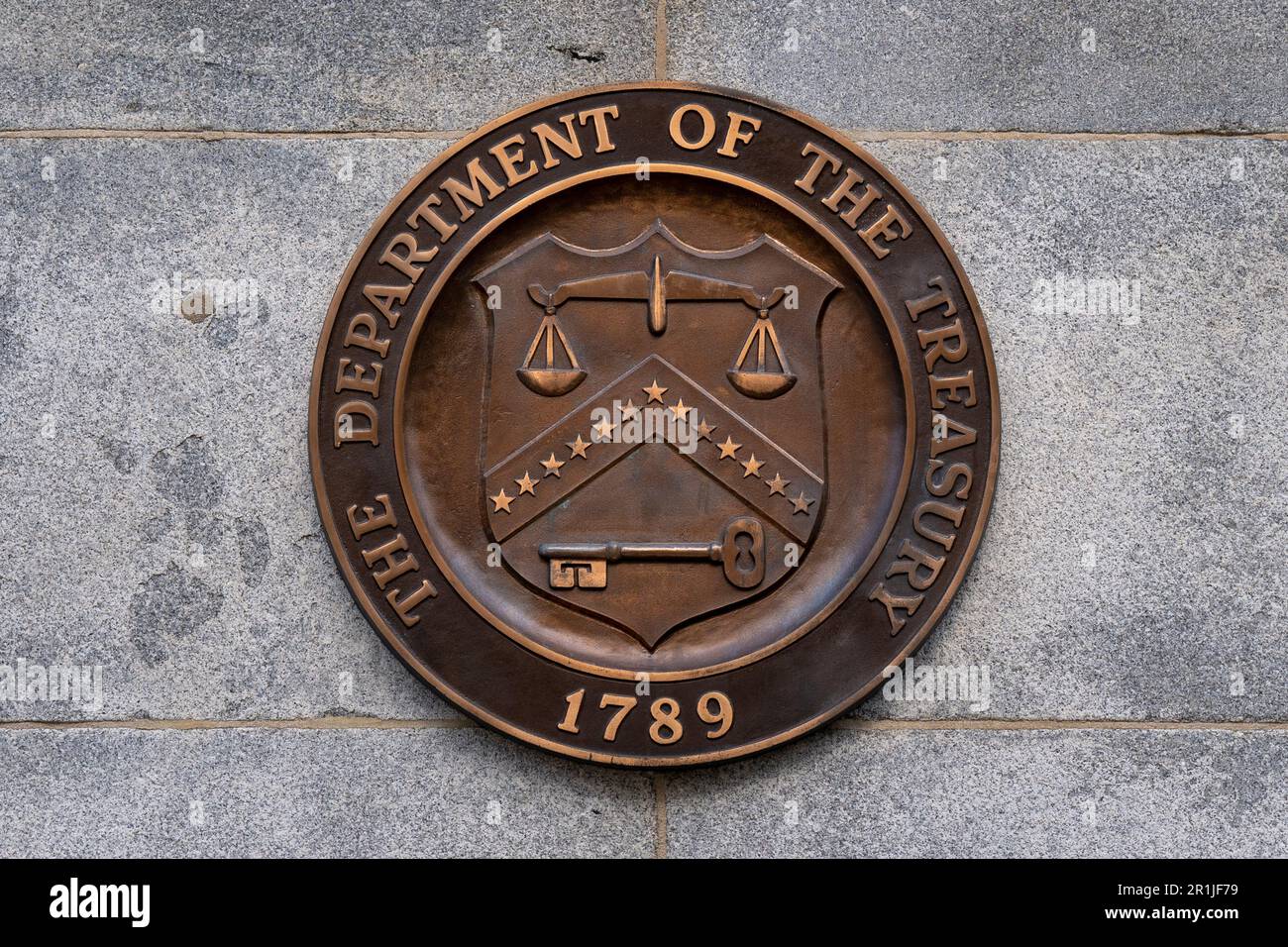 Washington, Usa. 14. Mai 2023. Das Logo, wenn die USA Finanzministerium am 14. Mai 2023 in Washington DC. Foto: Ken Cedeno/Sipa USA Kredit: SIPA USA/Alamy Live News Stockfoto