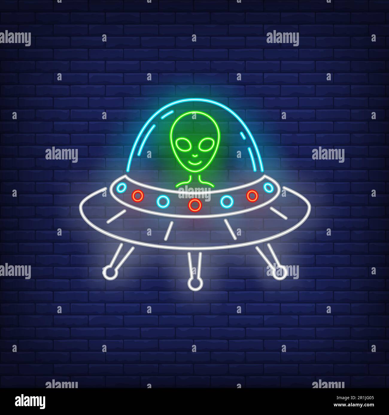 Alien in fliegender Untertasse Neonschild Stock Vektor