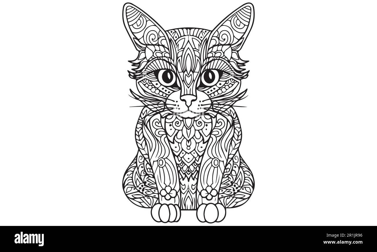 American Shorthair Cat Silhouette Cartoon-Malseite für Erwachsene. Skizze einer Katze mit einem Schmetterling Stock Vektor