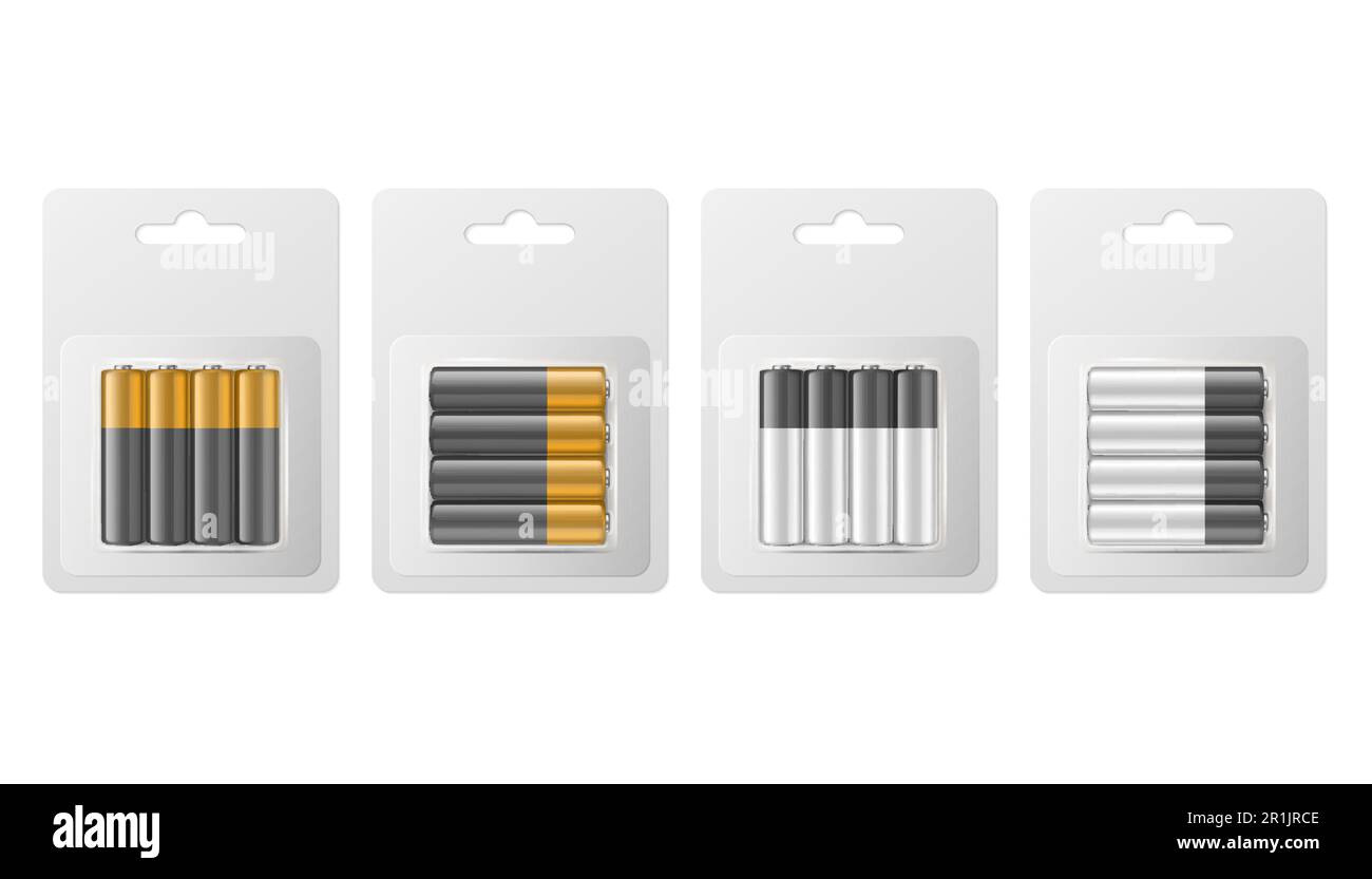 Vector 3D realistische vier Alkali-Mangan-Batterien in Papier Blister Symbolgruppe Nahaufnahme isoliert. Größe AA, horizontale und vertikale Position. Konstruktionsvorlage für Stock Vektor