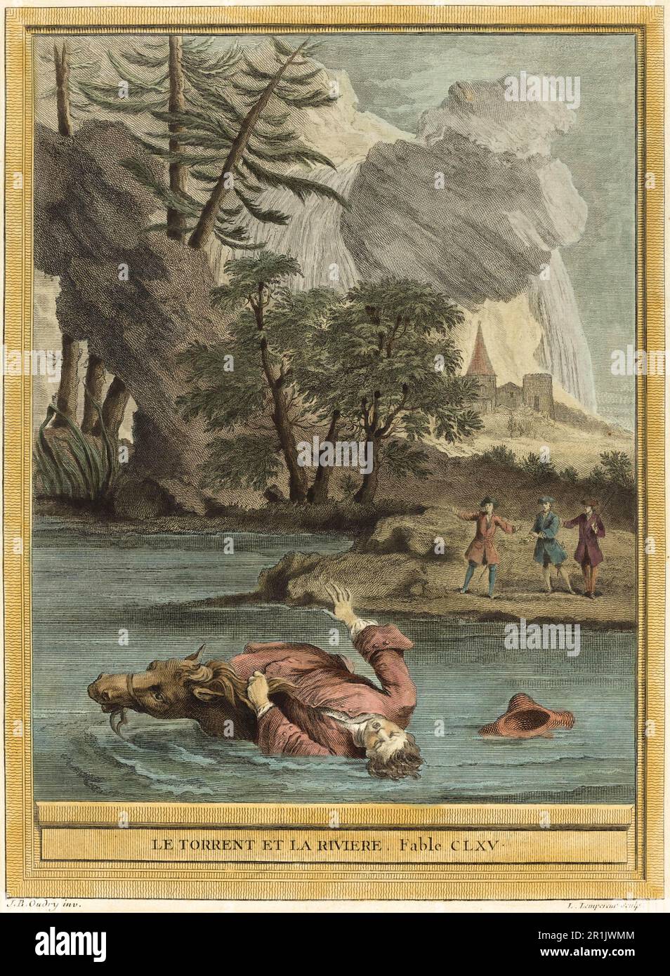 Der Torrent und der Fluss, auf einem Wasserbüffel überquert ein Mann den Fluss und fällt von seinem Berg, Gemälde von Jean-Baptiste Oudry, historische, digital restaurierte Reproduktion eines Originals aus dem 19. Jahrhundert / der Wildbach und der Fluss, auf einem Wasserbüffel überquert ein Mann Reiden Fluß und gefallen vom Fluss, Gemälde von Jean-Baptiste Oudry, Historisch, digitales Restaurant Reproduktion von einer Vorlage aus dem 19. Hundert Stockfoto