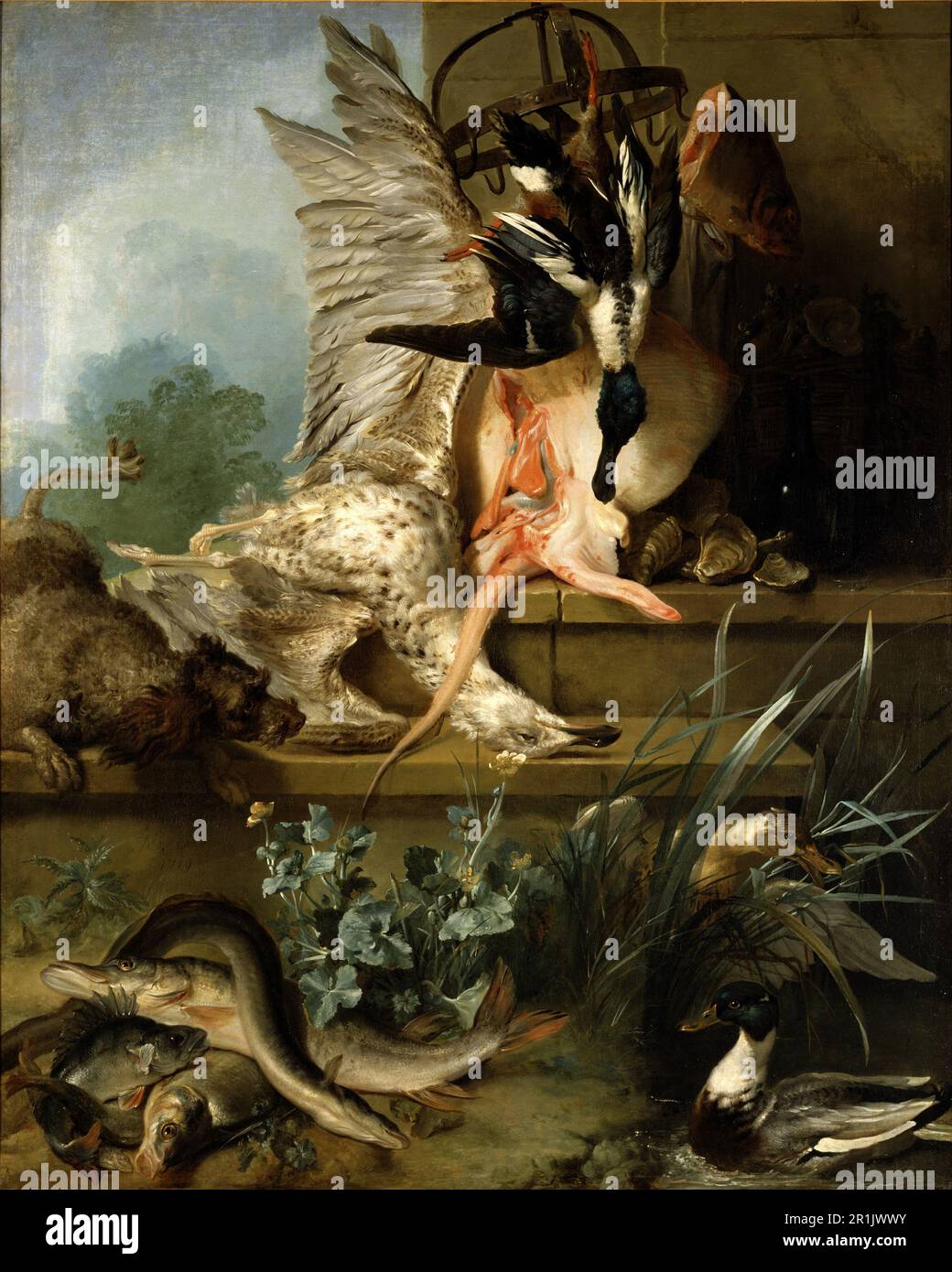 Jagd, Jagdmotiv, Stilleben mit einem Spaniel Jagdenten, Gemälde von Jean-Baptiste Oudry, Historische, digital restaurierte Reproduktion eines Originals aus dem 19. Jahrhundert / Jagd, Jagdmotiv, Stilleben mit einem Spaniel auf Entenjagd, Gemälde von Jean-Baptiste Oudry, Historisch, digitales Restaurant Reproduktion von einer Vorlage aus dem ère 19. Hundert Stockfoto