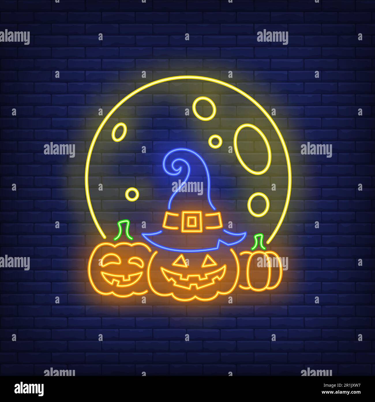 Mond und Kürbisse Neonschild Stock Vektor
