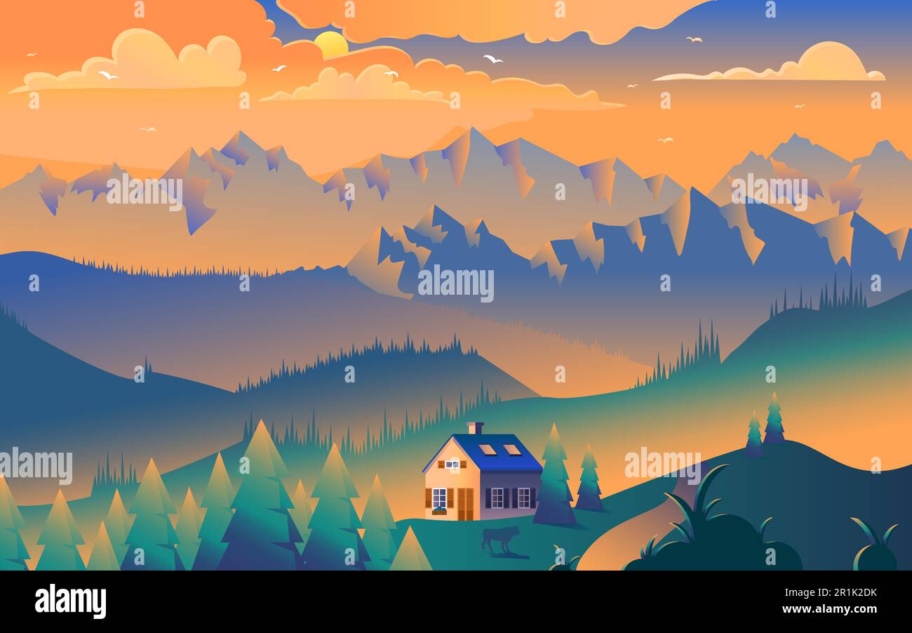 Eine minimalistische Vektordarstellung des Hauses in den Bergen. Malerischer Sonnenuntergang, Sonnenstrahlen auf Gipfeln, Bäume Stock Vektor
