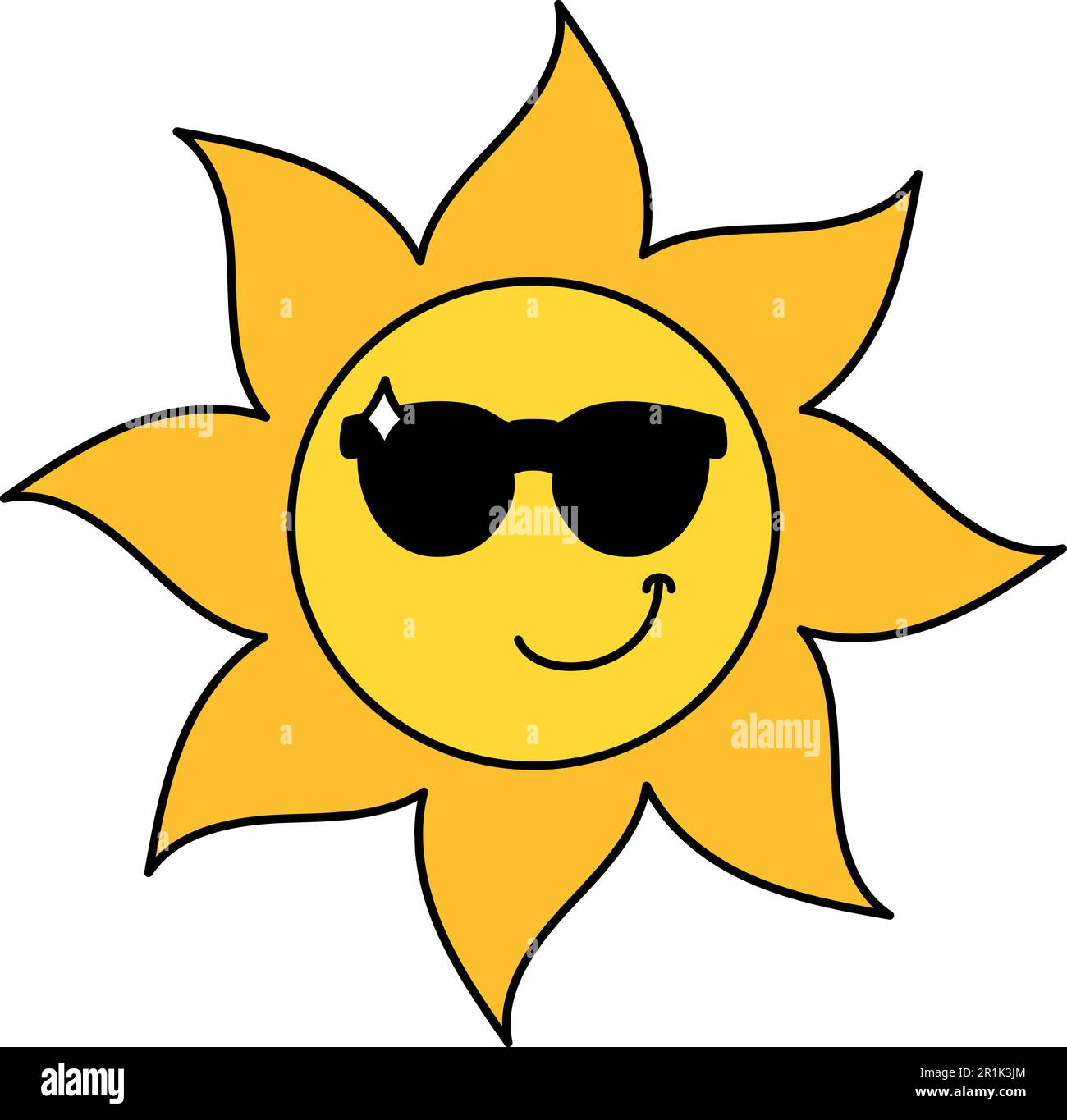 Selbstbewusste Sun-Emoji-Modelldarstellung. Cooles Emoticon mit Sonnenbrille. Aufkleber für soziale Medien Stock Vektor