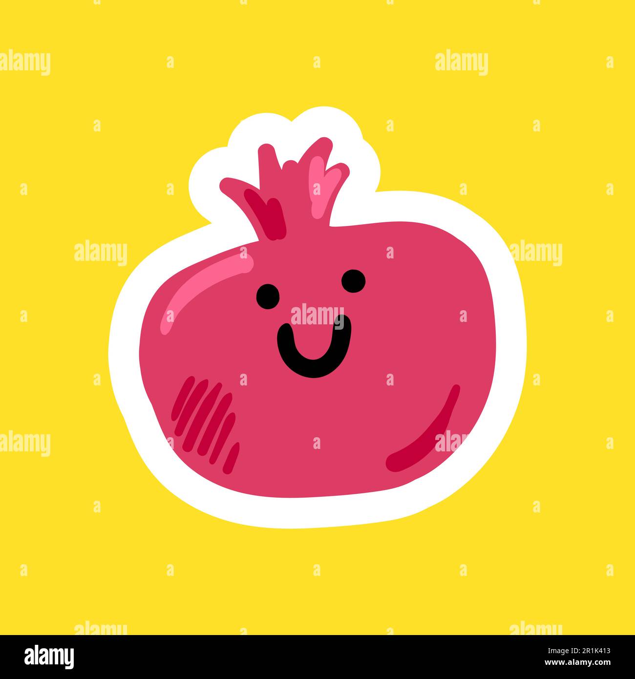 Fröhliche Granatapfel-Cartoon-Vektordarstellung. Isolierte Fruchtfigur, Strichpunkt-Aufkleber, Pflaster Stock Vektor