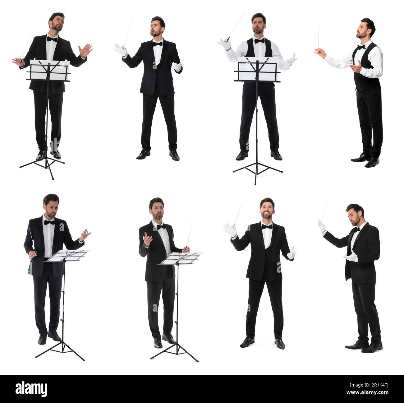 Collage mit Fotos eines professionellen jungen Dirigenten mit Stab auf weißem Hintergrund Stockfoto