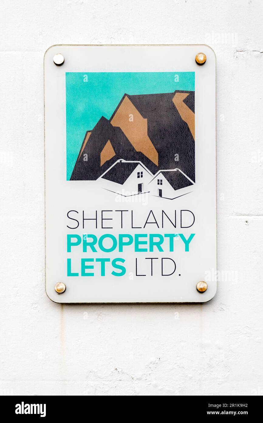 Auf dem Gelände der Shetland Property lets Ltd in Lerwick unterschreiben. Stockfoto