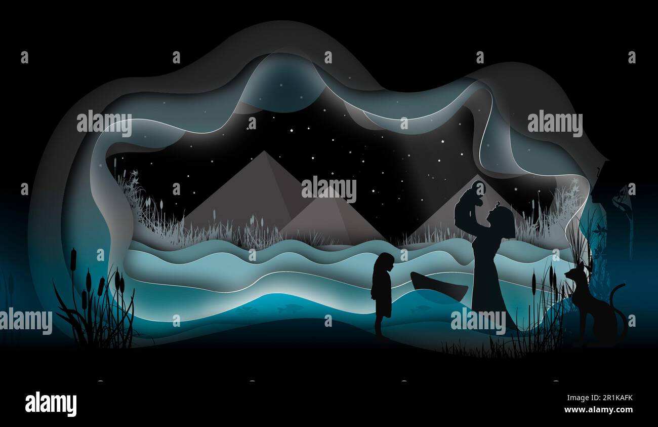 Baby Moses in einem Korb. Gefunden von der Tochter eines pharaos. Bibelgeschichte. Papierkunst. Abstrakt, Illustration, Minimalismus. Digitale Kunst Stockfoto