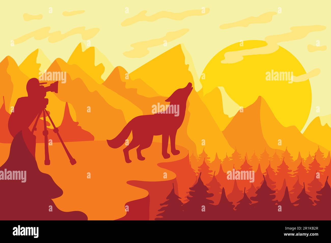 Wildtiere, Naturfotografen Flachvektordarstellung. Minimalistische Abendlandschaft mit Wolf Stock Vektor