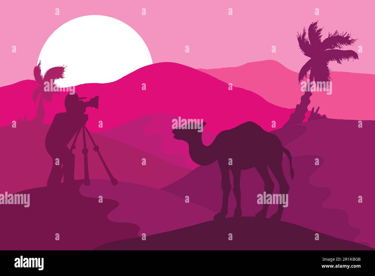 Wildtiere, Naturfotografen Flachvektordarstellung. Minimalistische Landschaft mit Kamelsilhouette Stock Vektor