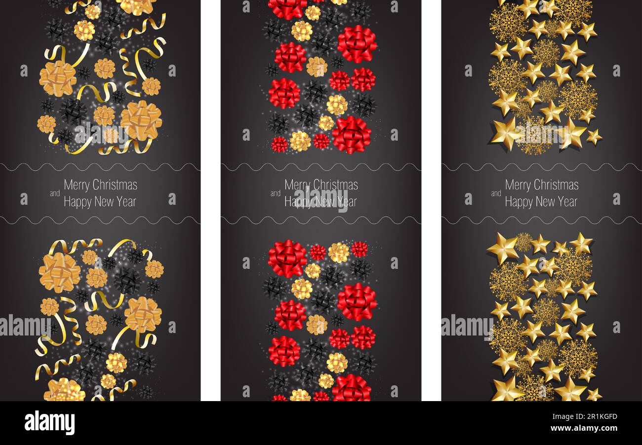 Merry Christmas Banner Set mit Schleifen auf schwarzem Boden Stock Vektor