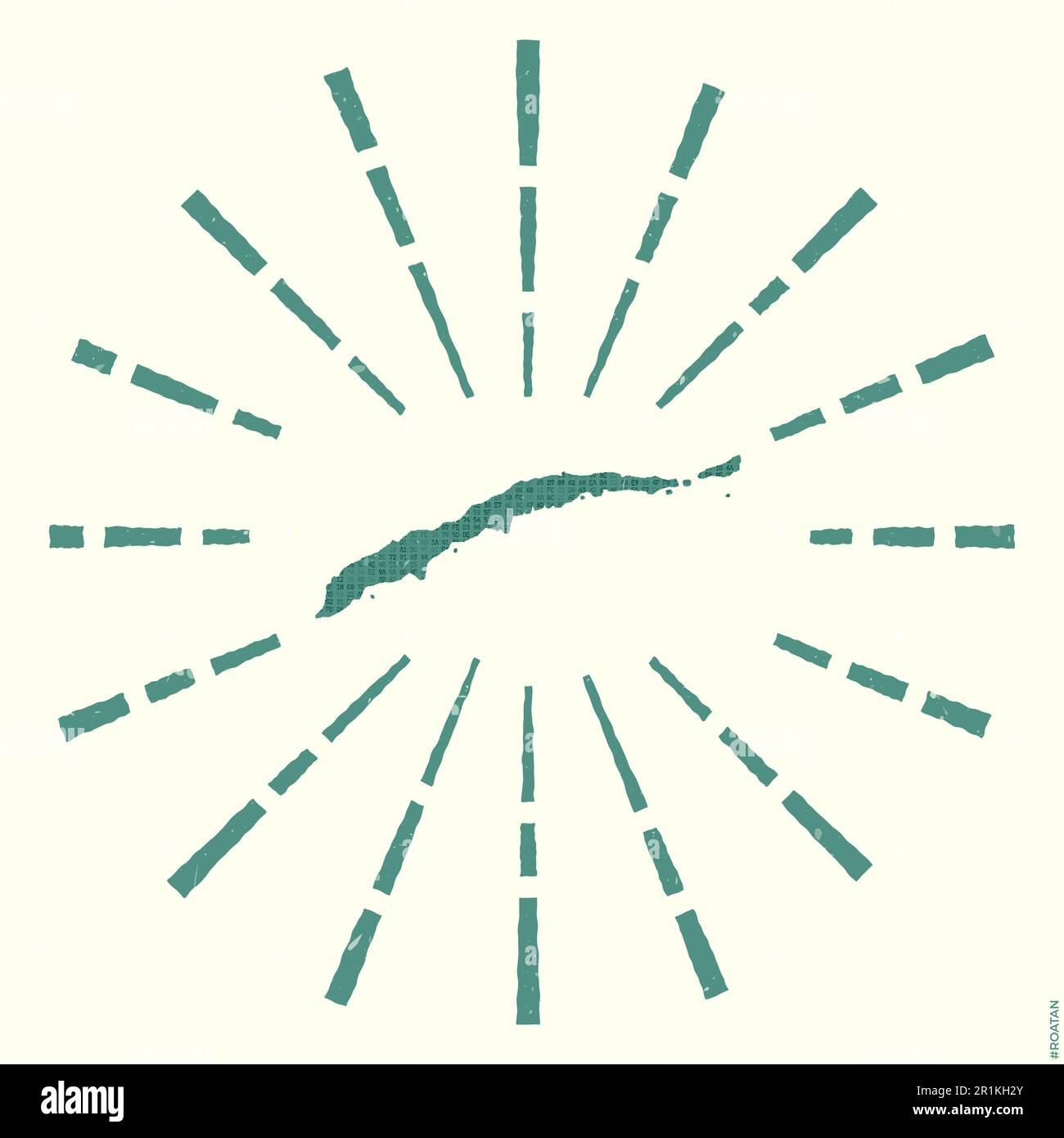 Roatan-Logo. Grunge Sunburst Poster mit Karte der Insel. Die Form von ...