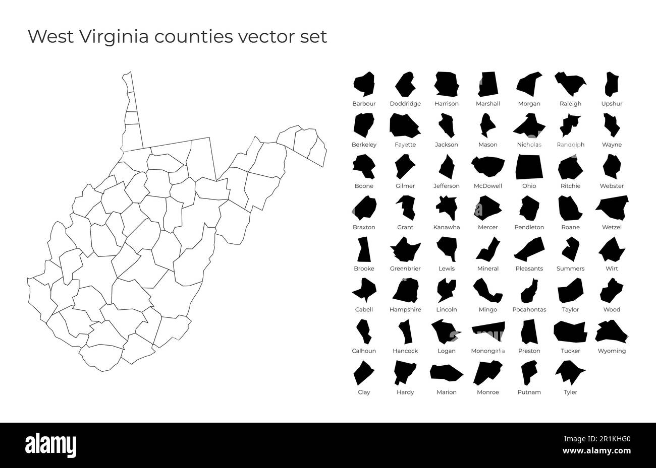 West Virginia Karte mit Formen von Regionen. Leere Vektorkarte des US-Bundesstaates mit Grafschaften. Borders of the US State für Ihre Infografik. Stock Vektor