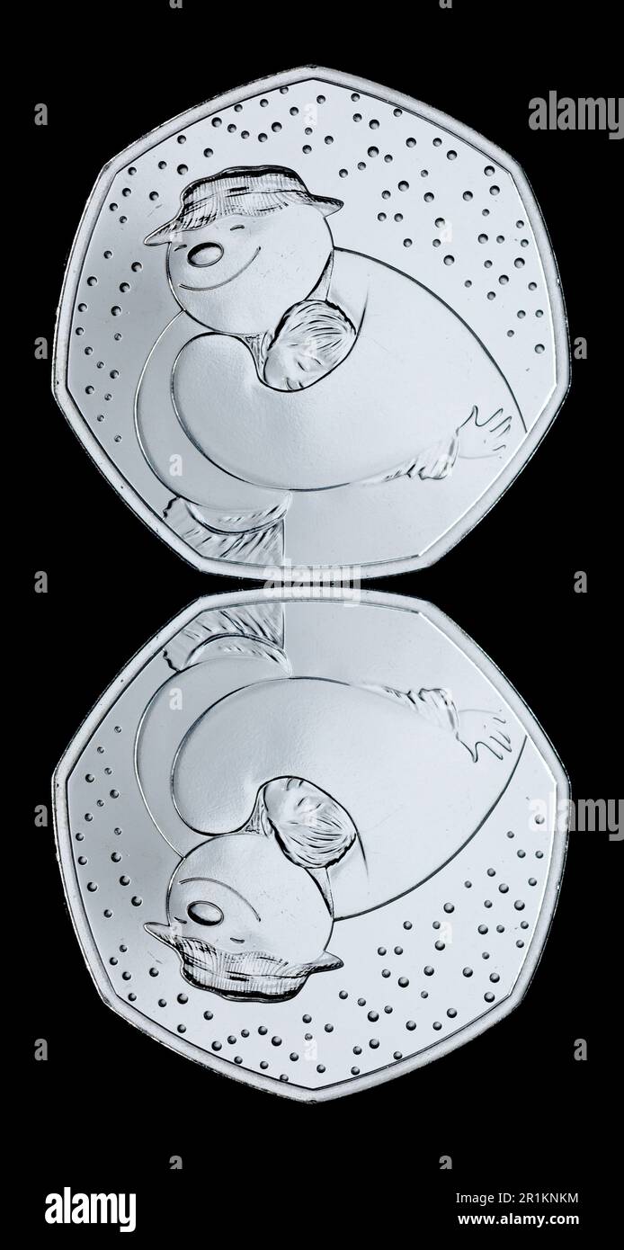 2020 50p Münze zum Gedenken an 40 Jahre der legendären Weihnachtsgeschichte „der Schneemann“ Stockfoto