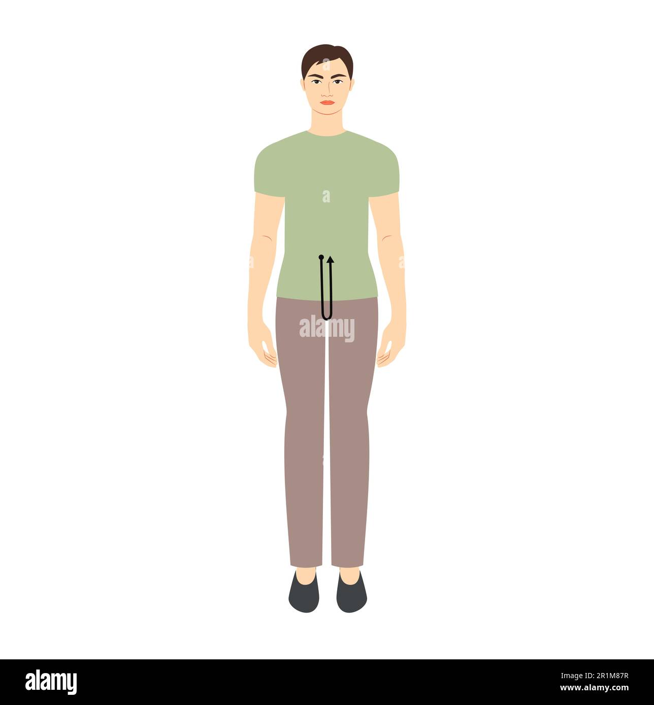 Männer für Schritttiefenmessung Körper mit Pfeilen Mode Illustration für Größentabelle. Flache männliche Figur vorne 8-köpfiger Junge in grünem Hemd. Infografik-Vorlage für Kleidung für Herren Stock Vektor